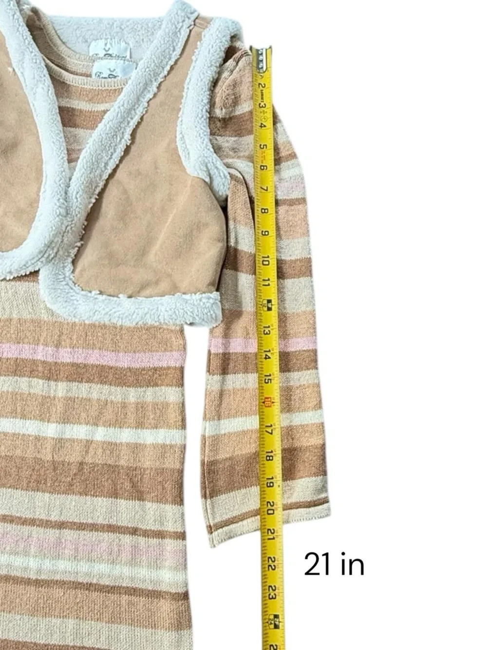 Rare Editions Girls 2 Piece Set Sweater Dress Vest Tan Striped Size 12 NWT